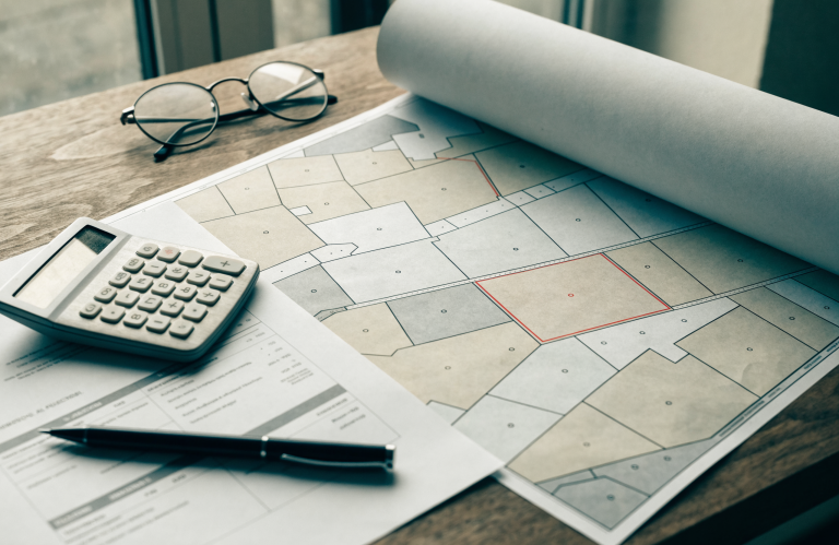 Plano catastrado sobre un escritorio con una finca resaltada, junto a un documento de avalúo y una calculadora